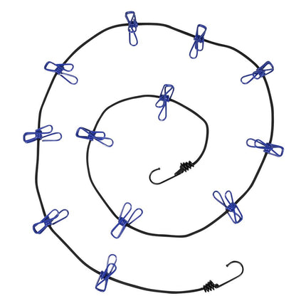 Benson Draagbare Elastische Waslijn - 1,9m tot 3,2m - Inclusief 12 Knijpers - Zwart/Blauw