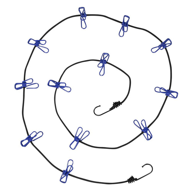 Benson Draagbare Elastische Waslijn - 1,9m tot 3,2m - Inclusief 12 Knijpers - Zwart/Blauw