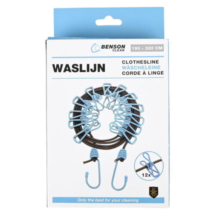 Benson Draagbare Elastische Waslijn - 1,9m tot 3,2m - Inclusief 12 Knijpers - Zwart/Blauw