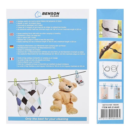 Benson Draagbare Elastische Waslijn - 1,9m tot 3,2m - Inclusief 12 Knijpers - Zwart/Blauw