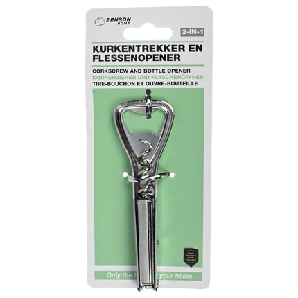 Benson 2-in-1 Kurkentrekker en Flesopener - Ergonomisch - Roestvrij Staal - Compact