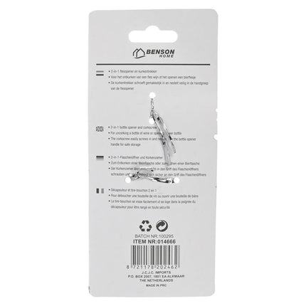 Benson 2-in-1 Kurkentrekker en Flesopener - Ergonomisch - Roestvrij Staal - Compact