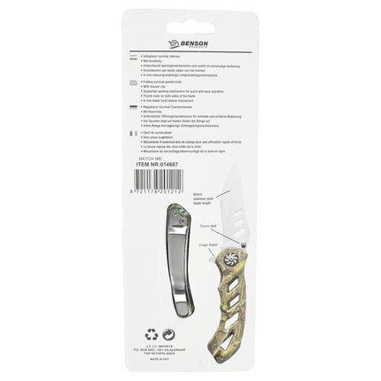 Benson Inklapbaar Survival Zakmes - 8.5 cm Lemmet - Broekclip - Snelle Bediening