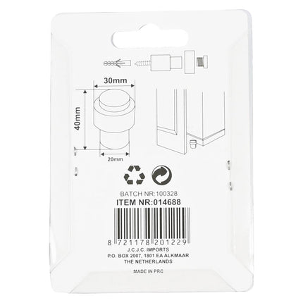 Benson Deurstopper Zilver - Ø30 x 40 mm - Zink met Nikkel Coating - Wandmontage