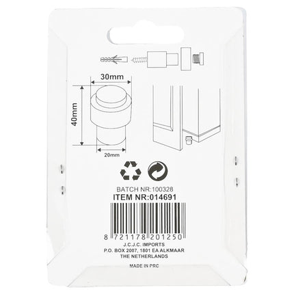 Benson Deurstopper Zwart - Ø30 x 40 mm - Zink met Poedercoating - Wandmontage