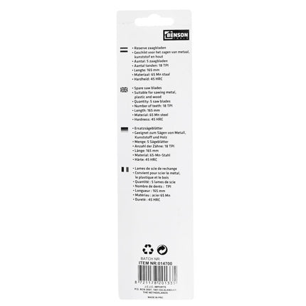 Benson Zaagbladen - 165 mm - 5-delig - Voor Junior Zaagbeugels