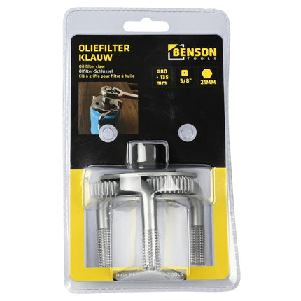 Benson Oliefilterklauw 3-armig – Ø 80-135 mm – Carbon Staal – Zelfklemmende Ribbelgreep