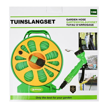 Benson Compacte Tuinslangset - 15 Meter - Inclusief Haspel & 7-Standen Sproeikop