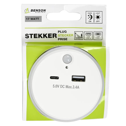 Benson Nachtlamp met USB-A/C - Dag/Nacht & PIR Sensor - Warm Wit