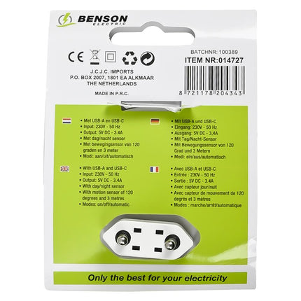 Benson Nachtlamp met USB-A/C - Dag/Nacht & PIR Sensor - Warm Wit