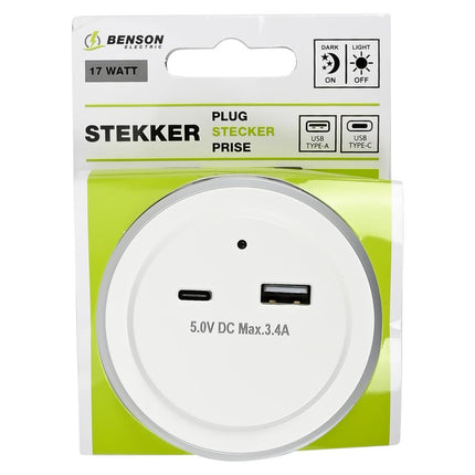 Benson Nachtlamp met USB-A & USB-C - 17 Watt - Dag/Nacht Sensor - Wit