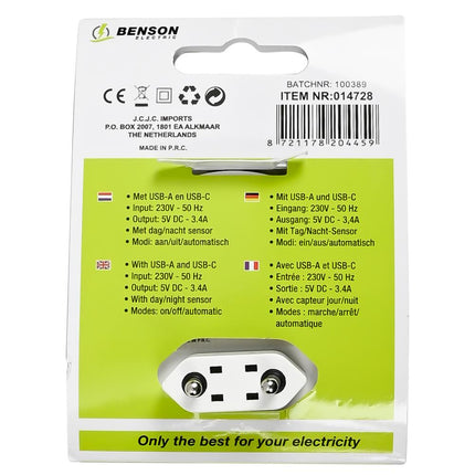 Benson Nachtlamp met USB-A & USB-C - 17 Watt - Dag/Nacht Sensor - Wit