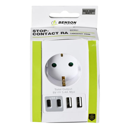 Benson Stopcontact met 2 USB-A en 2 USB-C Poorten - Kinderbeveiliging - Telefoon Dock