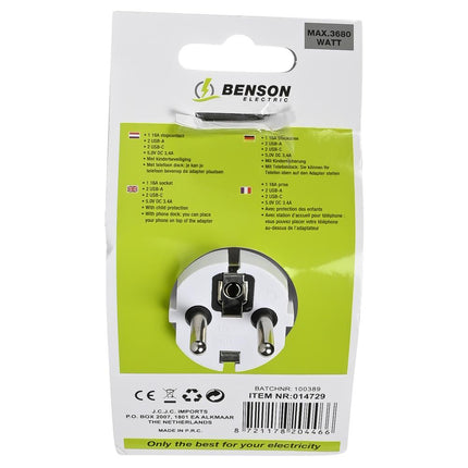Benson Stopcontact met 2 USB-A en 2 USB-C Poorten - Kinderbeveiliging - Telefoon Dock