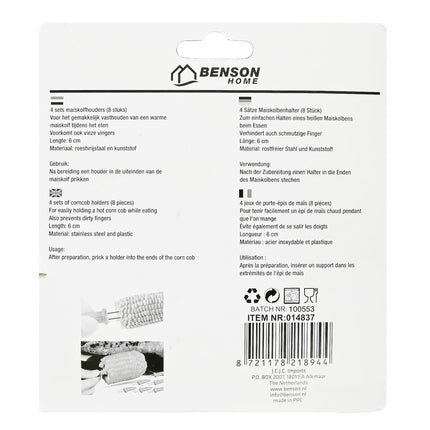 Benson Maiskolfhouders - 8-delig - RVS en Kunststof - 6 cm - Tegen Hete Vingers