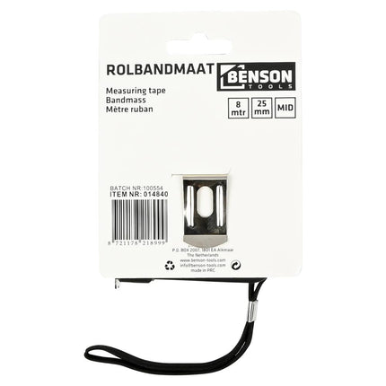 Benson Rolbandmaat 8 meter x 25 mm - MID Gecertificeerd