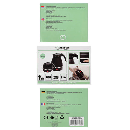 Benson Opvouwbare Waterkoker - 600 ml - Zwart - 600W - Siliconen & RVS