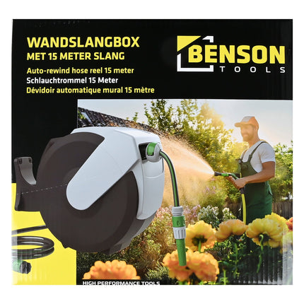 Benson Wandslangenbox - 15 Meter - Automatisch Oprolbaar