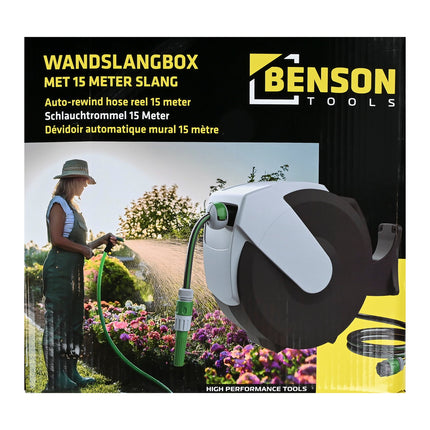 Benson Wandslangenbox - 15 Meter - Automatisch Oprolbaar