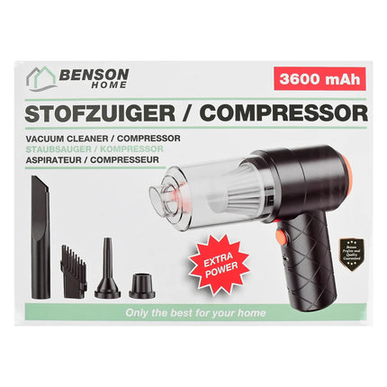 Benson 2-in-1 Mini Stofzuiger & Compressor – 3600 mAh – 4000Pa – USB-C Oplaadbaar