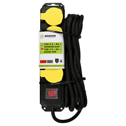 Benson Spatwaterdichte Stekkerdoos – 4-voudig – 5 meter – Schakelaar – IP44