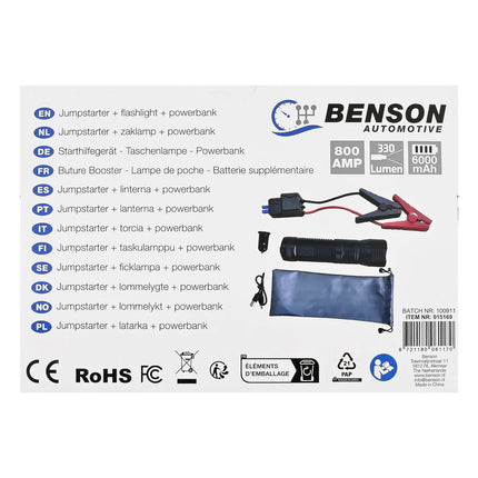 Benson Jumpstarter Zaklamp – 800 Ampère – Krachtige Starthulp & LED-verlichting