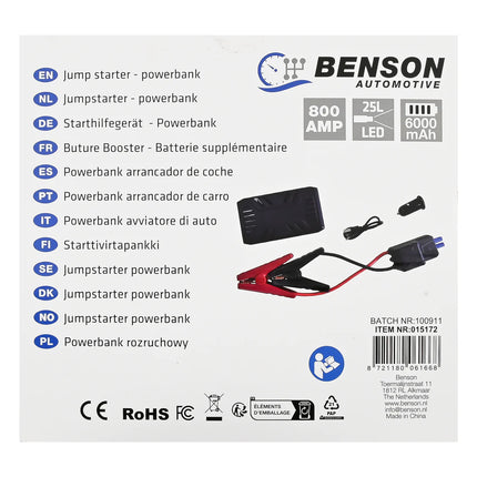 Benson Compacte Jumpstarter – 12V – 800A – De Onmisbare Powerbank voor je Auto