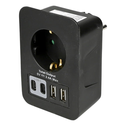 Benson Stopcontact Adapter - Randaarde - 2x USB-A & 2x USB-C - Zwart