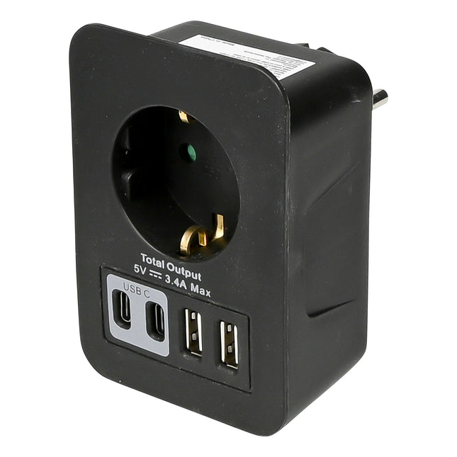 Benson Stopcontact Adapter - Randaarde - 2x USB-A & 2x USB-C - Zwart