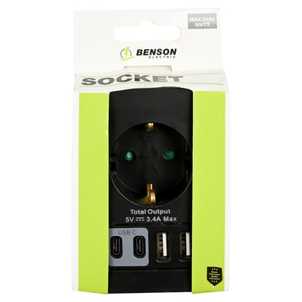 Benson Stopcontact Adapter - Randaarde - 2x USB-A & 2x USB-C - Zwart