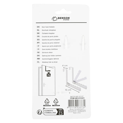 Benson Inklapbare Deurhaak - Wit - Ruimtebesparend - Max. 5 kg