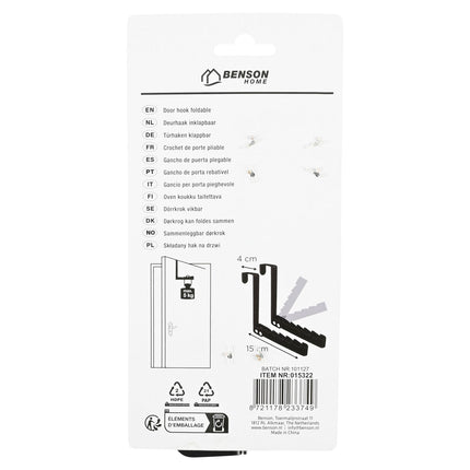 Benson Inklapbare Deurhaak - Zwart - Ruimtebesparend - Max. 5 kg