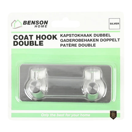 Benson Dubbele Metalen Haak - Zelfklevend - Zilver - 11,5 x 4,5 cm
