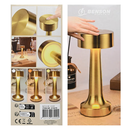 Benson Luxe LED Tafellamp – Goud – Touch Bediening – USB-C Oplaadbaar – 21,1 cm