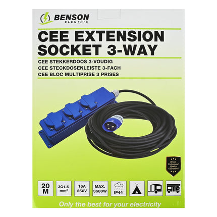 Benson Stekkerdoos 3-voudig - 20 meter - CEE - IP44 - H07RN-F - 3680W