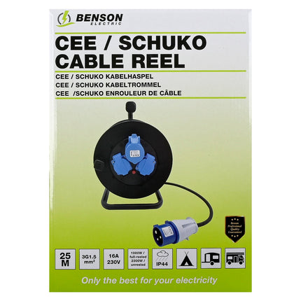 Benson CEE / Schuko Kabelhaspel - 25 meter - 2P+E - EN 60309 - 2300W