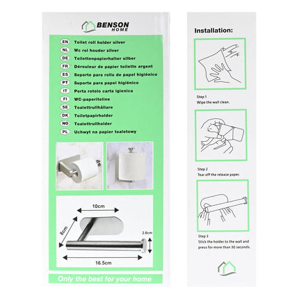 Benson Zelfklevende Toiletrolhouder - RVS - Zilver - 16,5 x 8 cm