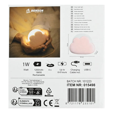 Benson Oplaadbare Wolk Nachtlamp – Roze/Wit – 3 Lichtstanden – Compact Design