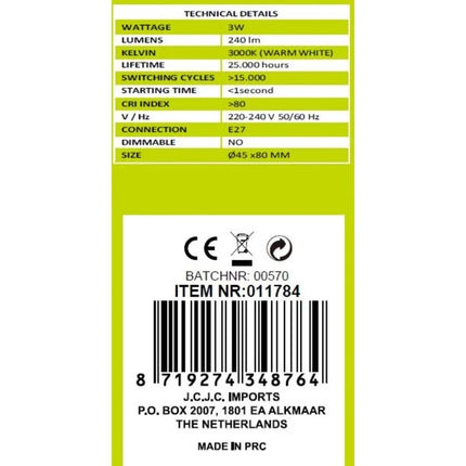 Benson Energiezuinige LED Bol – G45 – 3W – E27 – Warm Wit