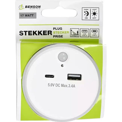 Benson Luxe Nachtlamp – USB-A & USB-C Fast Charge – PIR Bewegingssensor – Dag/Nacht-sensor – Warm Wit