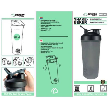 Benson Shakebeker - 600 ml - Inclusief RVS Mixbal - Lekvrij & Slank Ontwerp