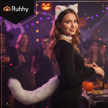 Ruhhy Kat/Vos Kostuumset - 3-Delig - Oortjes, Staart & Choker - Wit