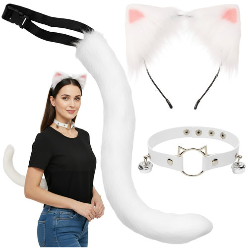 Ruhhy Kat/Vos Kostuumset - 3-Delig - Oortjes, Staart & Choker - Wit