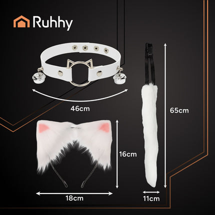 Ruhhy Kat/Vos Kostuumset - 3-Delig - Oortjes, Staart & Choker - Wit