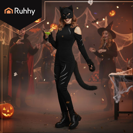 Ruhhy Kat/Vos Kostuumset - 4-Delig - Masker, Staart & Pootjes - Zwart