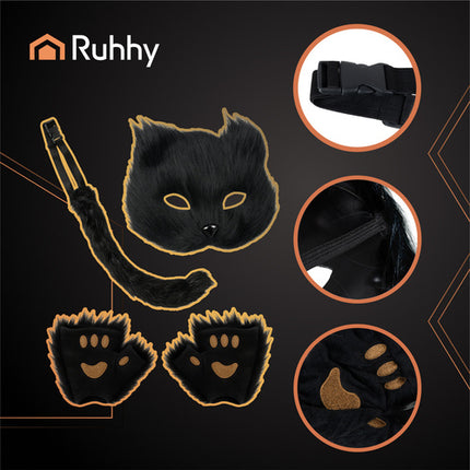 Ruhhy Kat/Vos Kostuumset - 4-Delig - Masker, Staart & Pootjes - Zwart