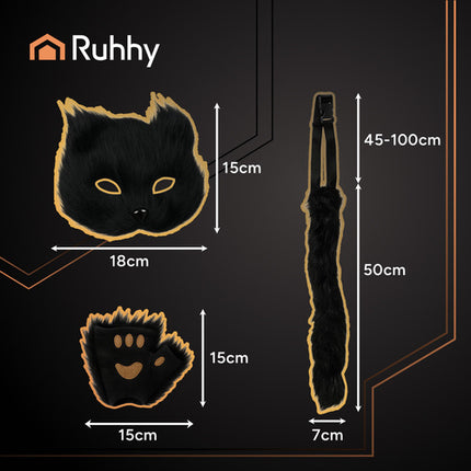 Ruhhy Kat/Vos Kostuumset - 4-Delig - Masker, Staart & Pootjes - Zwart