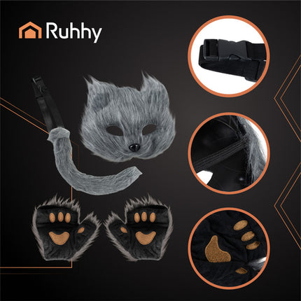Ruhhy Kat/Vos Kostuumset - 4-Delig - Masker, Staart & Pootjes - Grijs