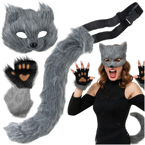 Ruhhy Kat/Vos Kostuumset - 4-Delig - Masker, Staart & Pootjes - Grijs