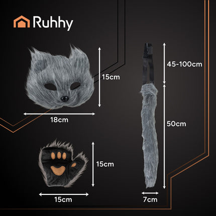 Ruhhy Kat/Vos Kostuumset - 4-Delig - Masker, Staart & Pootjes - Grijs